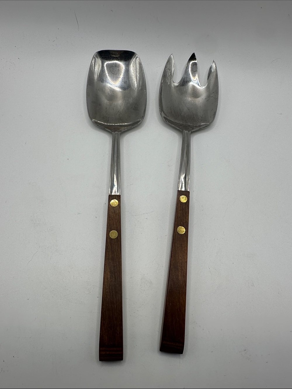 Wood-Handled Stainless Steel Salad Serving Set - Brown